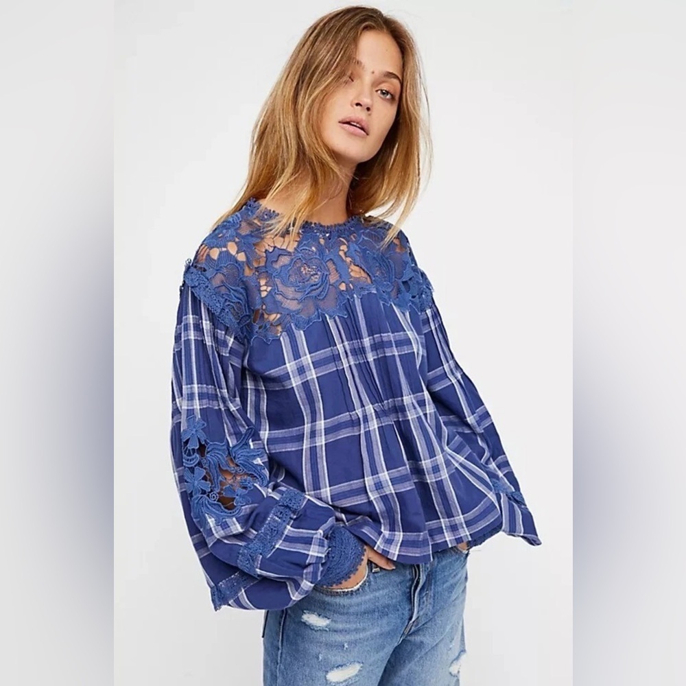 FREE PEOPLE DARLING DIANA BLUE PLAID AND LACE LONG SLEEVE TOP Boho Chic Size M